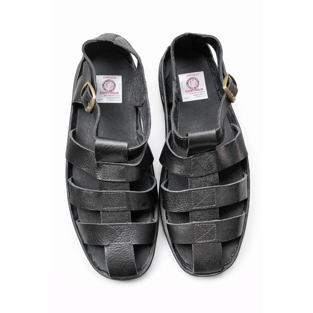 Mens Black Leather Sandals with Durable Sole